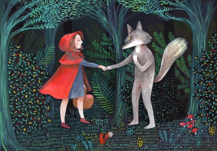 Little Red Riding Hood shaking hands with the wolf. Illustration